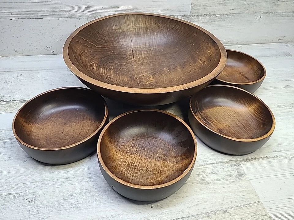 Weston Mill Wood Handmade Salad Bowl Set 5 Piece 5 3/4" Round 13" Large Brown - Image 1 of 4