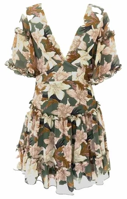 Angel Biba Floral Dress Size 10 Flared Sleeves Plunging Neckline Front and Back - image 1 of 4
