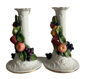Vtg Ceramic Candlestick Taper Candle Holders w Grapes Fruit Gold Rim 5.5” EUC - Picture 1 of 7
