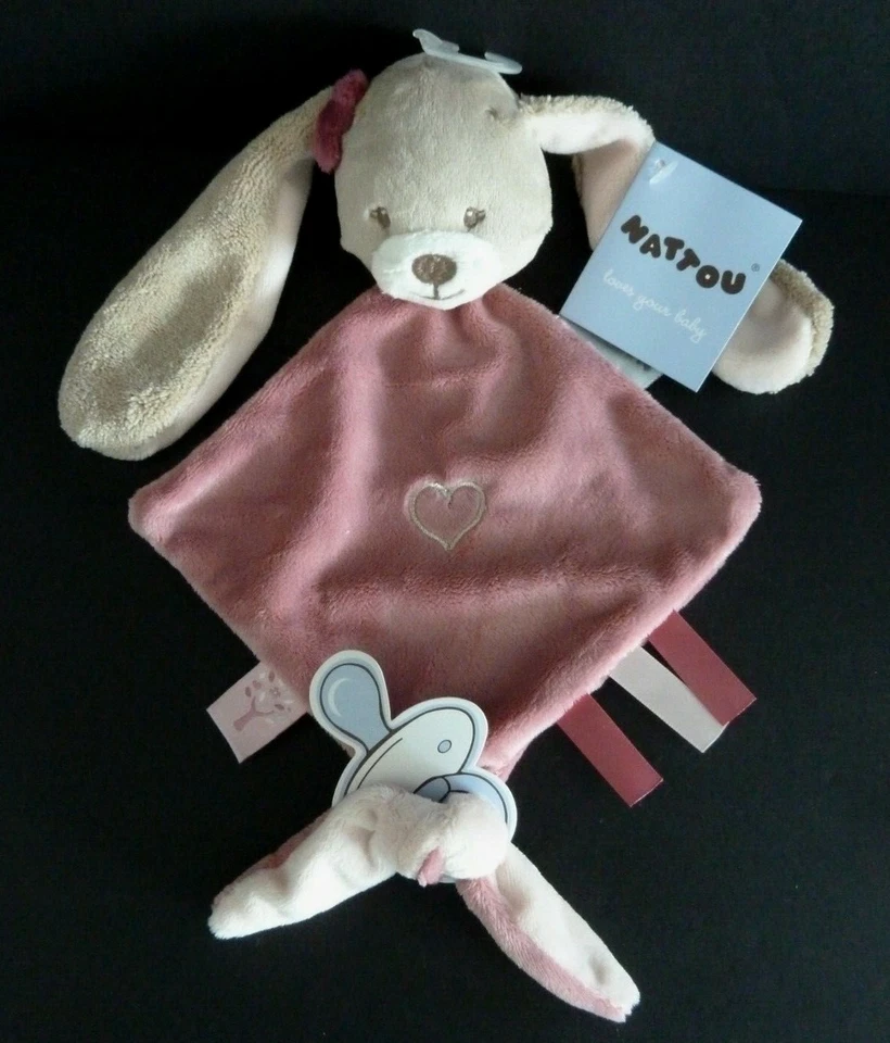 *. DOUDOU PLAT NATTOU LAPIN NINA ROSE GRIS BEIGE COEUR AT. TETINE NEUF - Photo 1/2