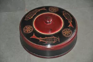Vintage Wooden Round Shape Fish & Flower Engraved Lacquer Work Handcrafted Box - Picture 1 of 6