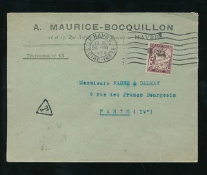 FRANCE POSTAGE DUE 1923 UNPAID BOCQUILLON ENVELOPE LE HAVRE to PARIS 50c - Picture 1 of 1