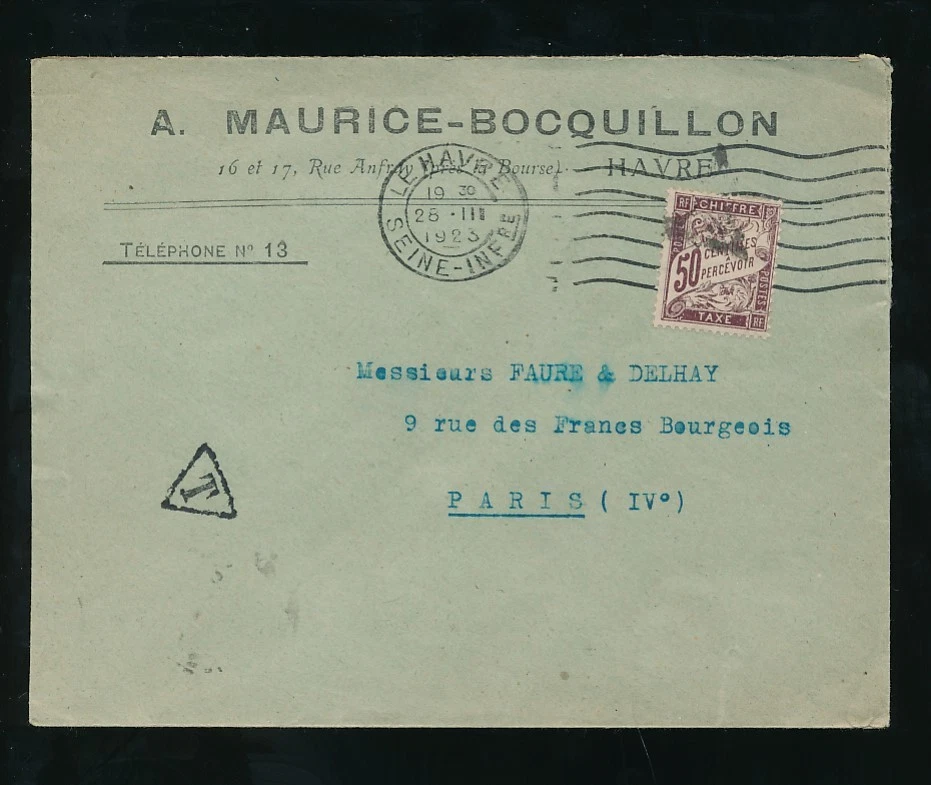 FRANCE POSTAGE DUE 1923 UNPAID BOCQUILLON ENVELOPE LE HAVRE to PARIS 50c - Image 1 of 1