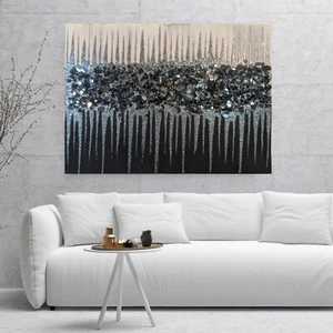 Starry Evening Glitter Glass Painting, Black Gray Wall Art, Glass Wall Art - Picture 1 of 5
