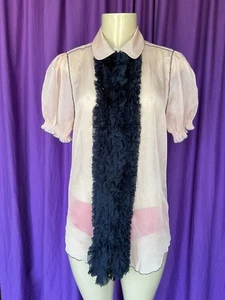 TWELVE BY TWELVE Peach/Navy Blue Ruffle Placket Puff-Sleeved Blouse Size M *Flaw - Picture 1 of 9