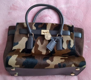 Michael Kors Hamilton Brown Leather Camouflage Hair calf Tote Double Handle Bag - Picture 1 of 24