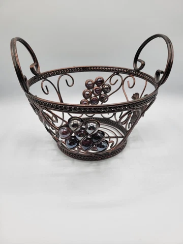 Decorative Grape/Leaves/Wine Theme Round Metal Basket With Handles Cover
