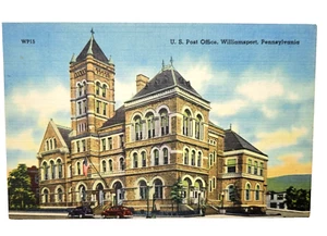 Williamsport PA Pennsylvania US Post Office Building Cars Vintage Linen Postcard - Picture 1 of 3