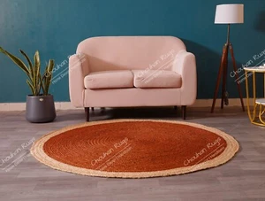 Hand Braided Orange Round Jute Rug With Beige Border Rug Boho Décor Jute Rug - Picture 1 of 8
