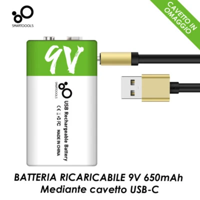 Batteria 9V 6F22 ricaricabile transistor 650mAh USB Battery Lipo vari usi - Immagine 1 di 3