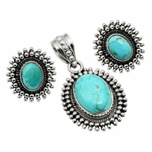 Turquoise Solid 925 Sterling Silver Pendant + Earrings Set Jewelry ST-050 - Picture 1 of 1