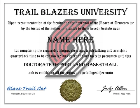 PORTLAND TRAIL BLAZERS PERSONALIZED FAN DIPLOMA, GREAT GIFT Cover