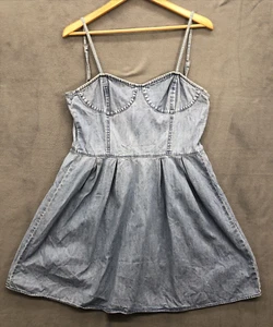 Frenchi Denim Sundress Dress Size Large Spaghetti Straps Smocked Back Thrashed - Picture 1 of 14