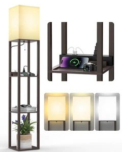 Floor Lamp with Shelves, Shelf Floor Lamps by Solid Wood with 2 Charging Port... - Picture 1 of 9