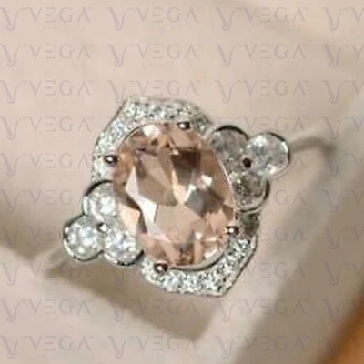 4.70Ct Oval Shape Natural Morganite and Diamond Prong Ring 18K White Gold Plated Foto 1 de 4