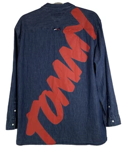 TOMMY HILFIGER DENIM Mens 2XL Indigo Blue Spellout Button Down L/Sleeve Shirt - Picture 1 of 11