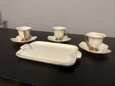Vintage Handpainted Gold Trim Tea Cup And Saucer Set W Tray Rare Italian Luce - Image 1 of 4