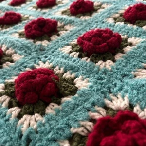 Red Rose Crochet Knit 3D Afghan Blanket Hand Made Blue Flower Vintage Grandma - Picture 1 of 16