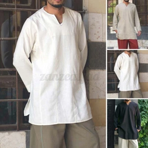 Summer Mens Linen CottonV-Neck Shirt Formal V-Neck Long Sleeve Tops T Shirt Tee - Picture 1 of 15