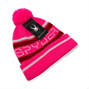Spyder Jacquard Logo Pink Bryte Bubble Striped Fleece Lined Pom-Pom Beanie Hat