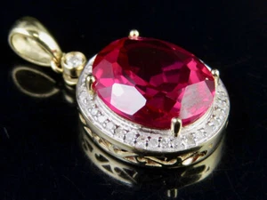 10K Yellow Gold Royal Lab created Ruby Gemstone Genuine Diamond Pendant 1 inc... - Picture 1 of 8