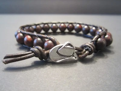 Brazalete envolvente de piedra de sangre de cuero marrón antiguo vaquero occidental para hombre y mujer  Foto 1 de 4