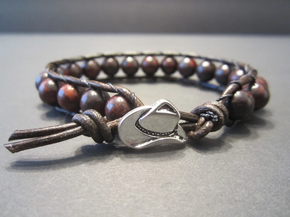 Men's Women's Western Cowboy Antique Brown Leather Bloodstone Wrap Bracelet  - Image 1 of 4