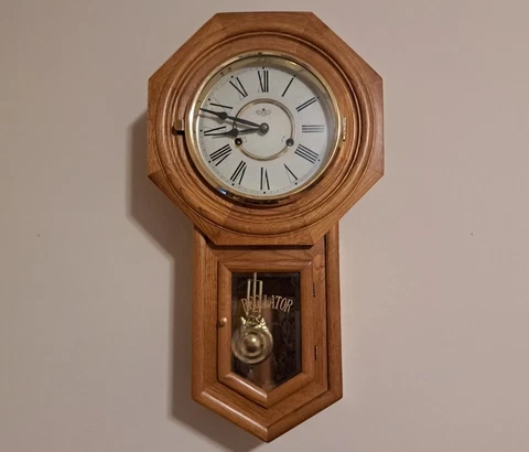 D & A Mechanical Pendulum Wall Clock Oak Wood Case Works Well Tested w/ Key Cover