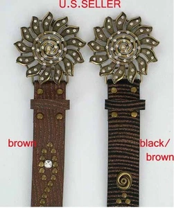 WOMEN WESTERN FASHION BELT, SUNFLOWER BUCKLE DESIGN, WITH STUDDED AND RHINESTONE - Picture 1 of 6