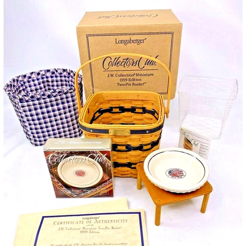 Longaberger JW Collection Mini TWO PIE BASKET Liner Protector Riser Dish COA Box Cover