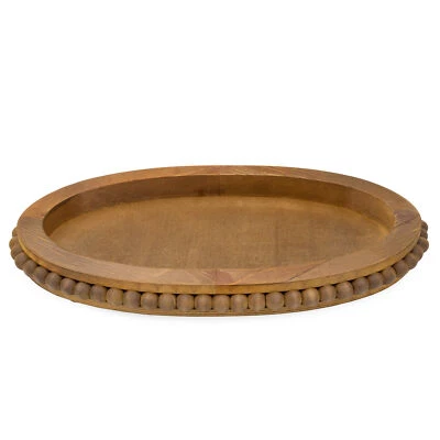 Wood Beaded Tray, Decorative Farmhouse Style Oval Wooden Tray - Image 1 of 4