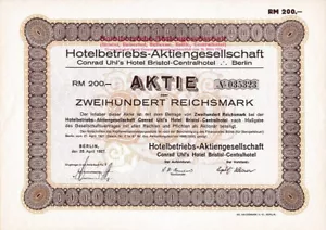 Lot 10x Kempinski Hotelbetriebs AG Uhl's Hotel Berlin histor. RM 200 Aktie 1927 - Bild 1 von 1