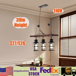 3-Light Farmhouse Loft Rustic Chandelier Wood Pendant Ceiling Light Fixture Lamp - Picture 1 of 24
