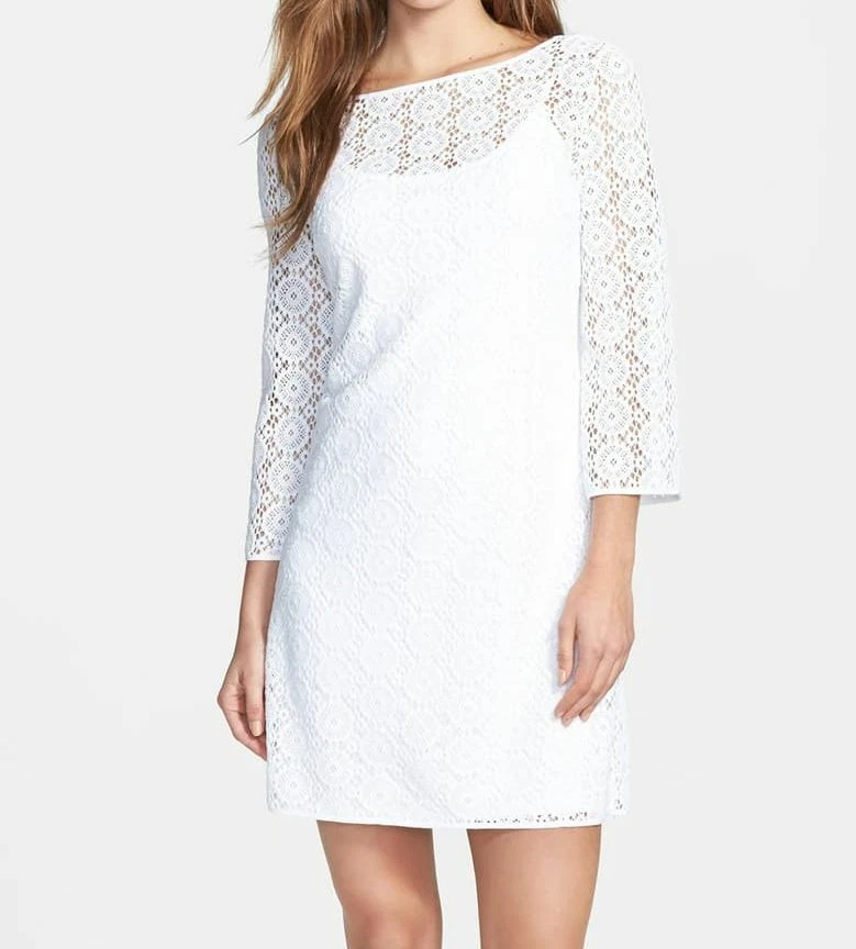 Lilly Pulitzer Women's White Boatneck 3/4 Sleeve Lace Shift Dress Size XL