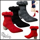 WOMENS LADIES DIAMANTE BLOCK HEEL PARTY ANKLE BOOTS, WINTER FUR POINTY TOE SHOES