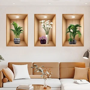 3Pcs 3D Flower Wall Decals, 3D Green Plants Wall Stickers, Peel and Stick Rem... - Picture 1 of 7