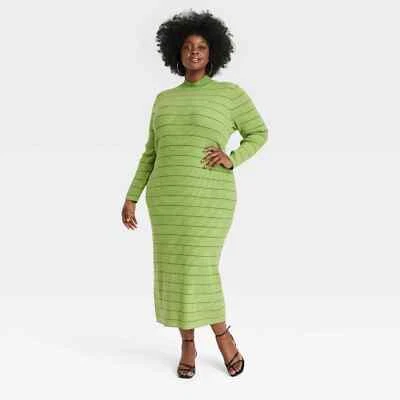 1X - Womens Long Sleeve House of Aama High Neck Maxi Knit Dress - Green - Image 1 of 4
