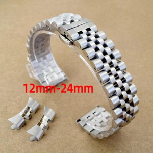 New Silver Straight+Curved End Solid Bracelet Stainless Steel Watch Strap Band - Picture 1 of 21