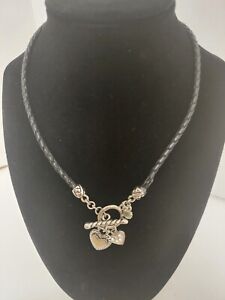Lia Sophia Kiss Tell Silver Hearts Toggle And Black  Leather Braided Necklace