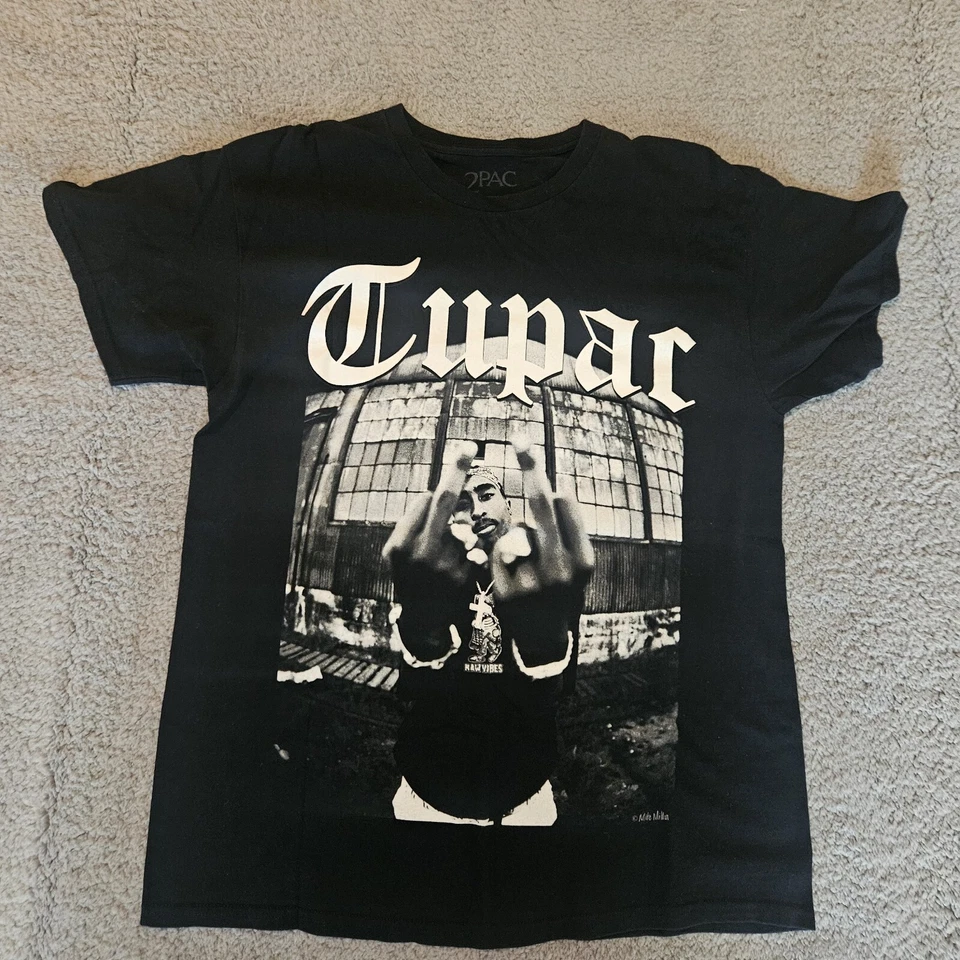 2PAC TUPAC RAW VIBES Double MIDDLE FINGER BLACK SHIRT SIZE Large - Image 1 of 4
