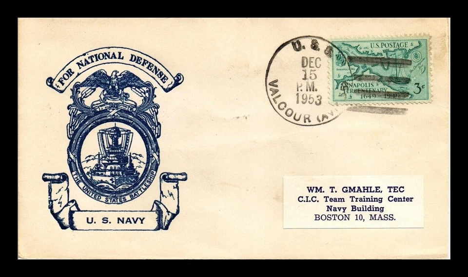 U.S. NAVY U.S.S. VALCOUR  (AVP-55) SEAPLANE TENDER 12-15- 1953 PATRIOTIC COVER - Image 1 of 1