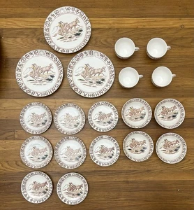 VTG COWBOY RODEO PATTERN WESTERN Dinner Plates Cups Saucers Bowls SET 19 JAPAN - Picture 1 of 10