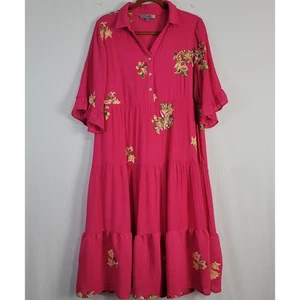 Vestido midi con gradas bordado floral Figueroa & Flower talla XL rosa multi boho  - Imagen 1 de 9