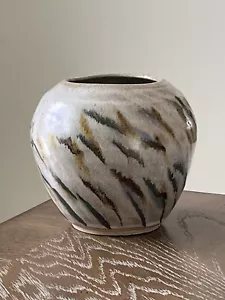 VTG Studio Art Pottery Stoneware Round Vase Cream Splashed Earth Tones Signed - Picture 1 of 13