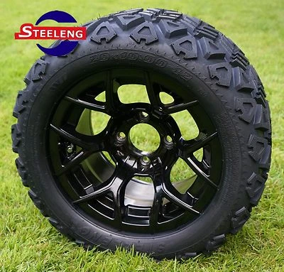 GOLF CART 12" BLACK RALLY ALUMINUM WHEELS and 20" AT TIRES (SET OF 4)  - Image 1 of 4
