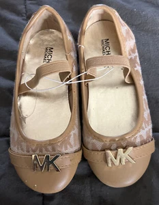 Michael Kors Lil Mica MK Logo Tan W/ Gold Logo Ballet Style Toddler Shoes Sz 10 - Picture 1 of 3
