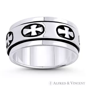 Flared Pattee Cross Charm Men's 9mm Band / Spinning Ring in .925 Sterling Silver - Picture 1 of 1