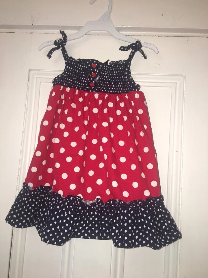 Auténtico Vestido Patriótico Niños Rojo Blanco Azul Lunares Talla 24m Volantes Foto 1 de 3