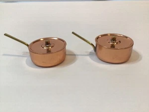 2 Miniature Copper Saucepans Pots & Lids with Brass Handle – 1:6 Scale - Picture 1 of 6