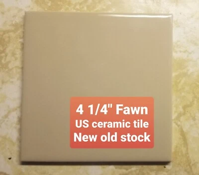 Vintage 4 1/4: US Ceramic USA Glossy Bright Fawn Tile Magnolia Cream Beige Brown - Image 1 of 4